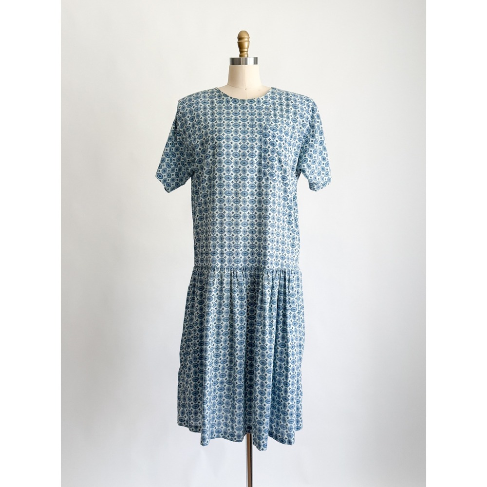 Fabrizio Drop Waist Dress Geometric Tile Print Blue White Vintage Short Sleeve